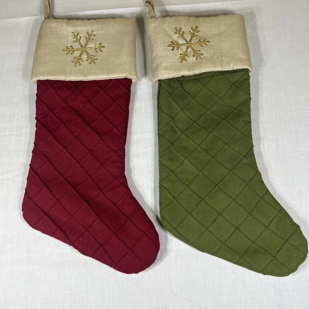 Set of 2 Quilted Christmas Stocking Ornaments Red Green Hanging Decor